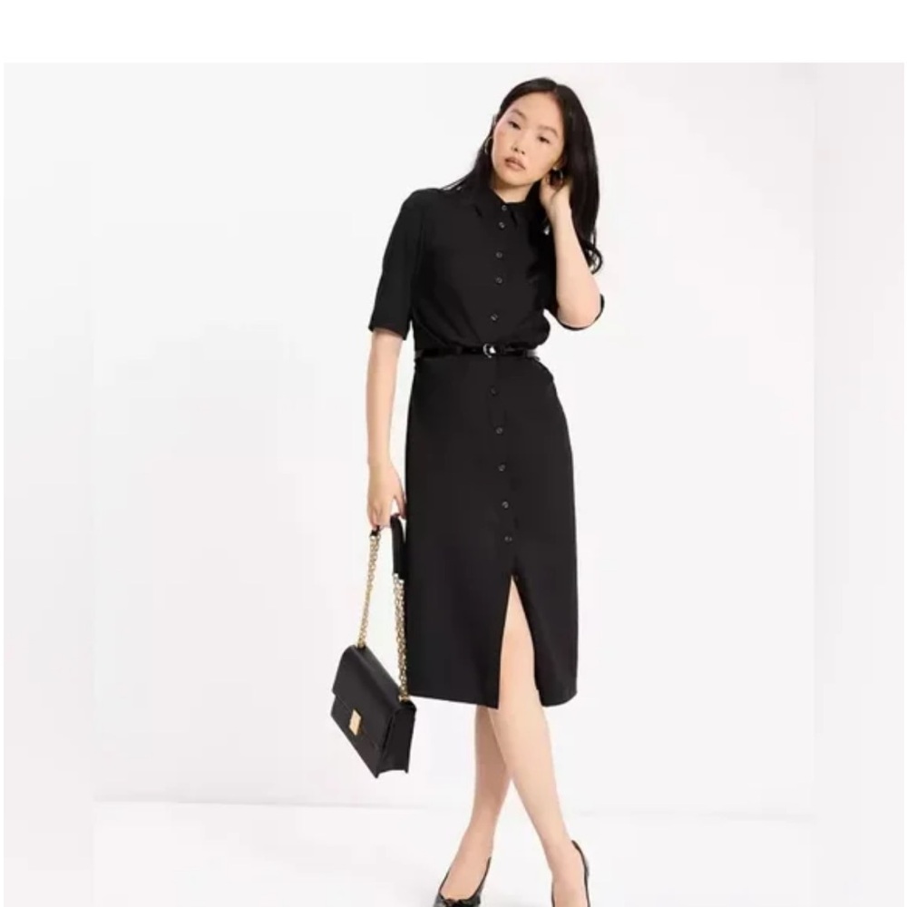 Kate Spade Black Crepe Ruched Short Sleeve Shirtdress